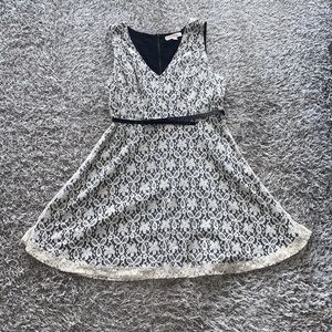 Monteau Black and White Belted Lace Fit and Flare Dress